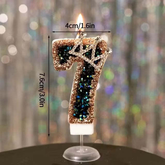 Birthday Candle with Number 0–9 and Crown – Black and Rose Gold Glitter