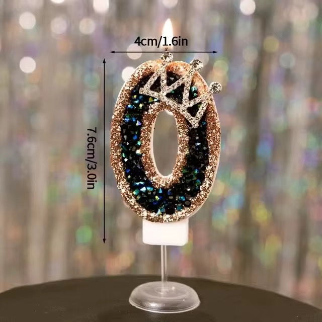 Vela de Cumpleaños con Número 0–9 y Corona – Glitter Negro y Oro Rosa