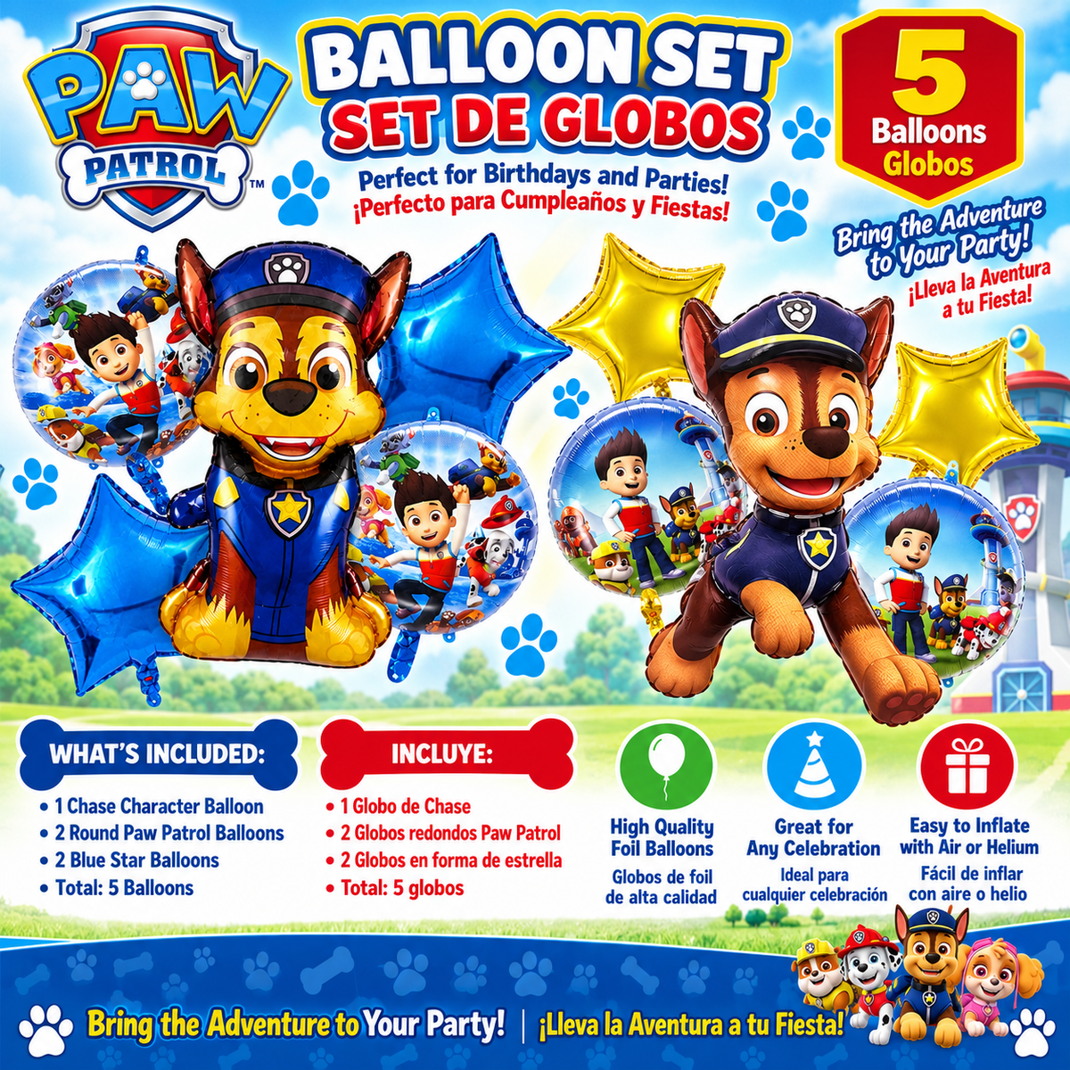 Paw Patrol 5-Piece Foil Balloon Set – Chase Birthday Party Decorations