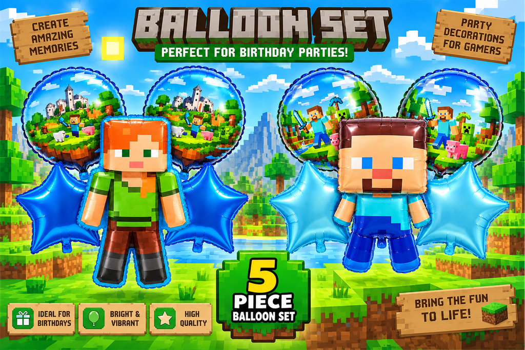Minecraft 5-Piece Foil Balloon Set – Birthday Party Decorations