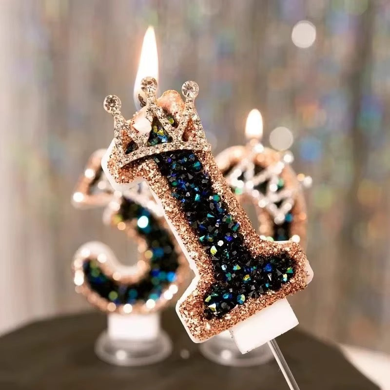 Vela de Cumpleaños con Número 0–9 y Corona – Glitter Negro y Oro Rosa