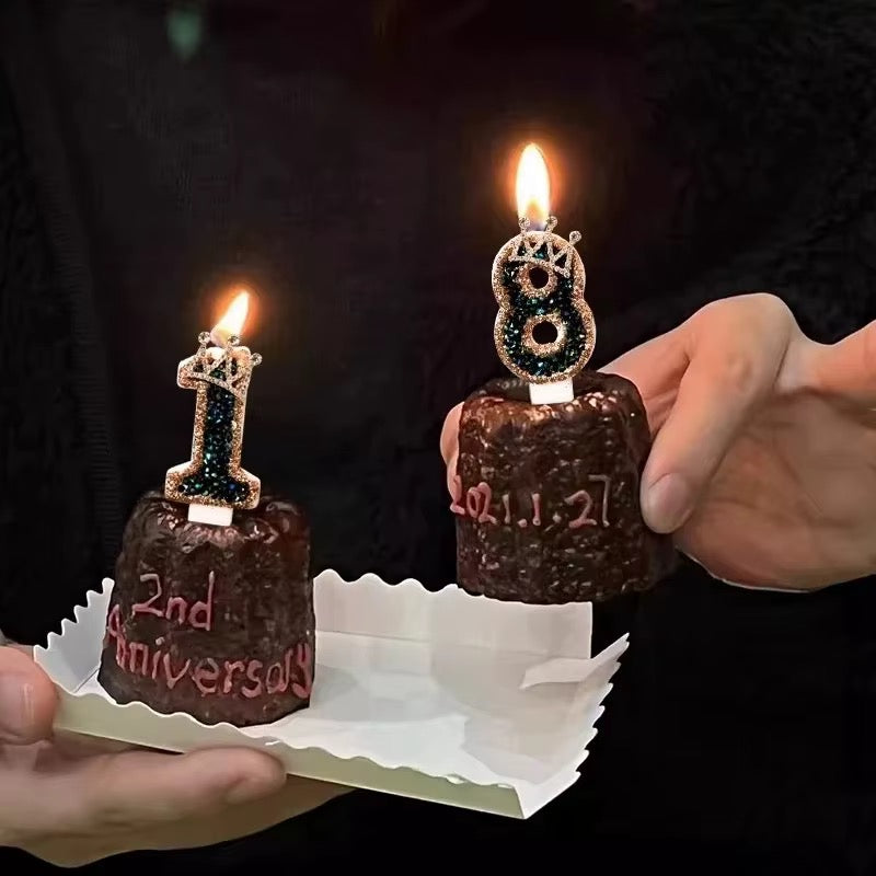 Vela de Cumpleaños con Número 0–9 y Corona – Glitter Negro y Oro Rosa