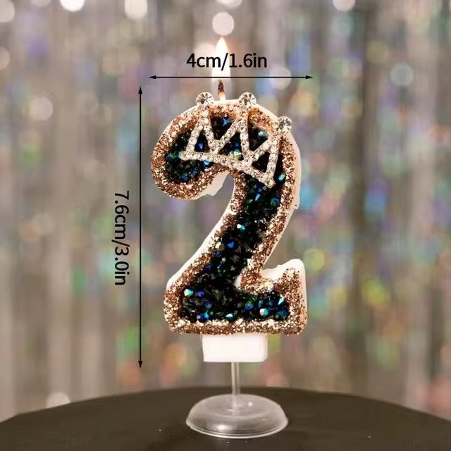 Vela de Cumpleaños con Número 0–9 y Corona – Glitter Negro y Oro Rosa