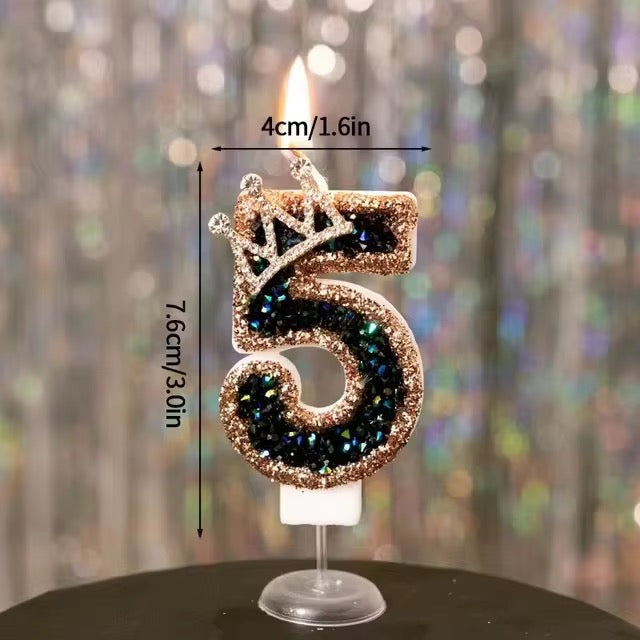 Vela de Cumpleaños con Número 0–9 y Corona – Glitter Negro y Oro Rosa