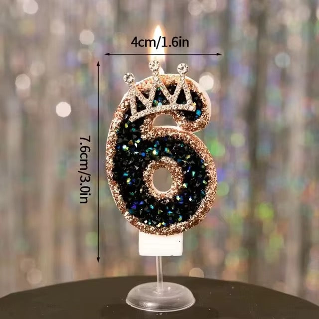 Vela de Cumpleaños con Número 0–9 y Corona – Glitter Negro y Oro Rosa