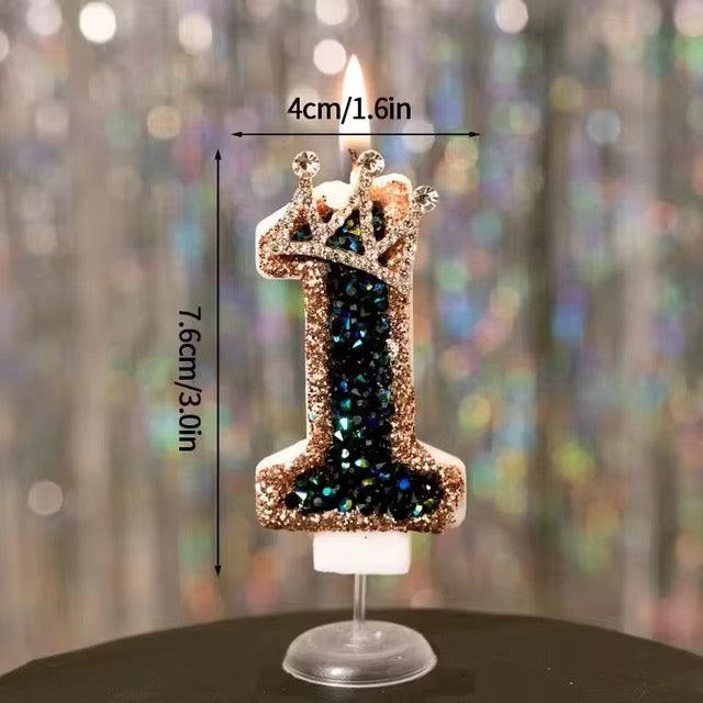 Birthday Candle with Number 0–9 and Crown – Black and Rose Gold Glitter