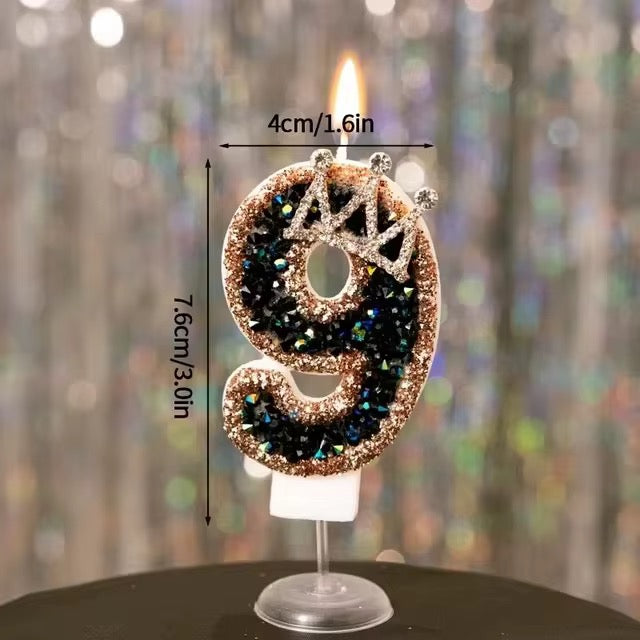 Birthday Candle with Number 0–9 and Crown – Black and Rose Gold Glitter