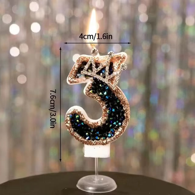Vela de Cumpleaños con Número 0–9 y Corona – Glitter Negro y Oro Rosa