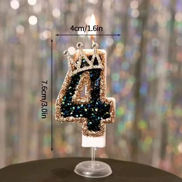 Vela de Cumpleaños con Número 0–9 y Corona – Glitter Negro y Oro Rosa