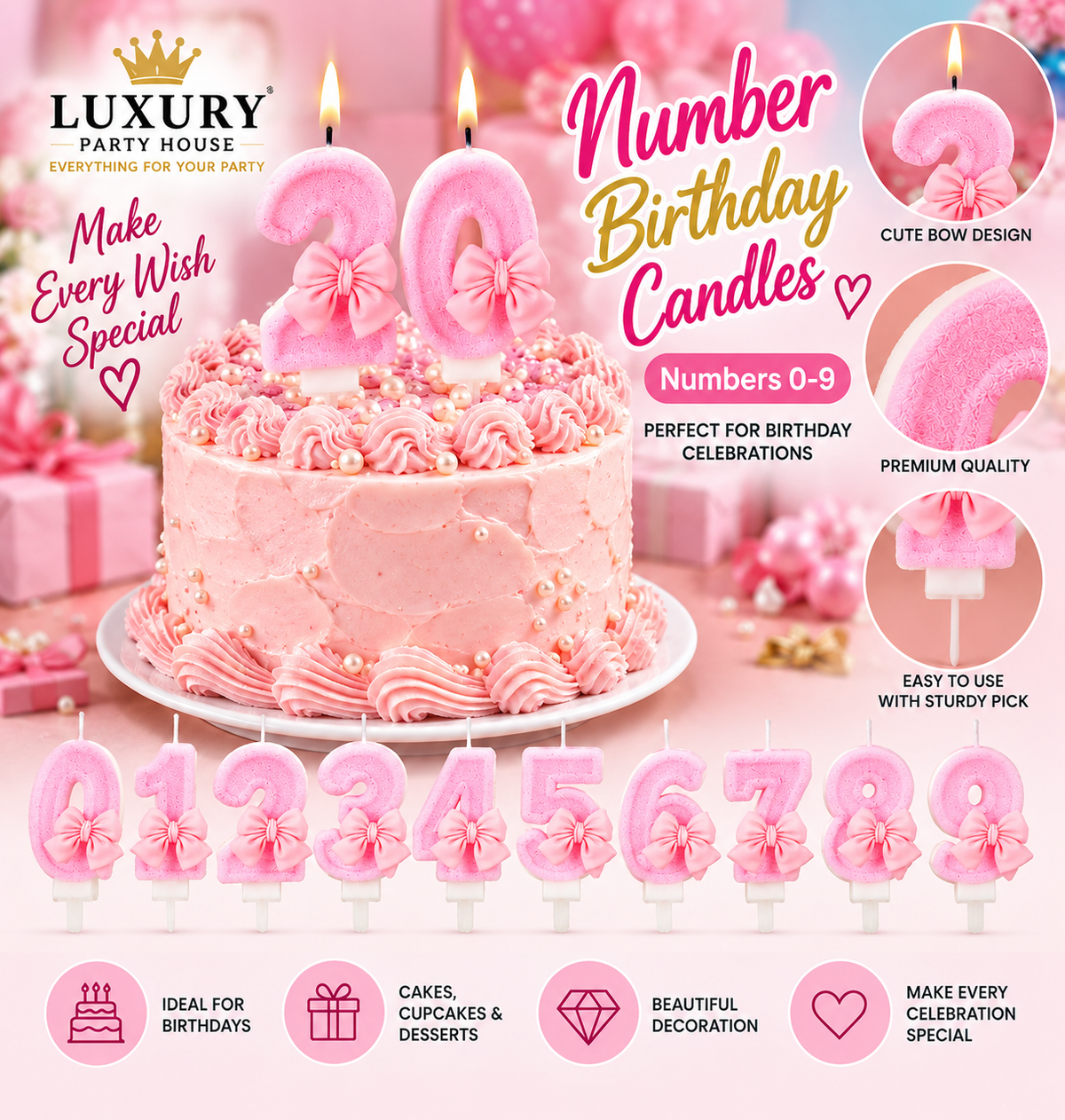 Pink Bow Number Birthday Candle 0–9