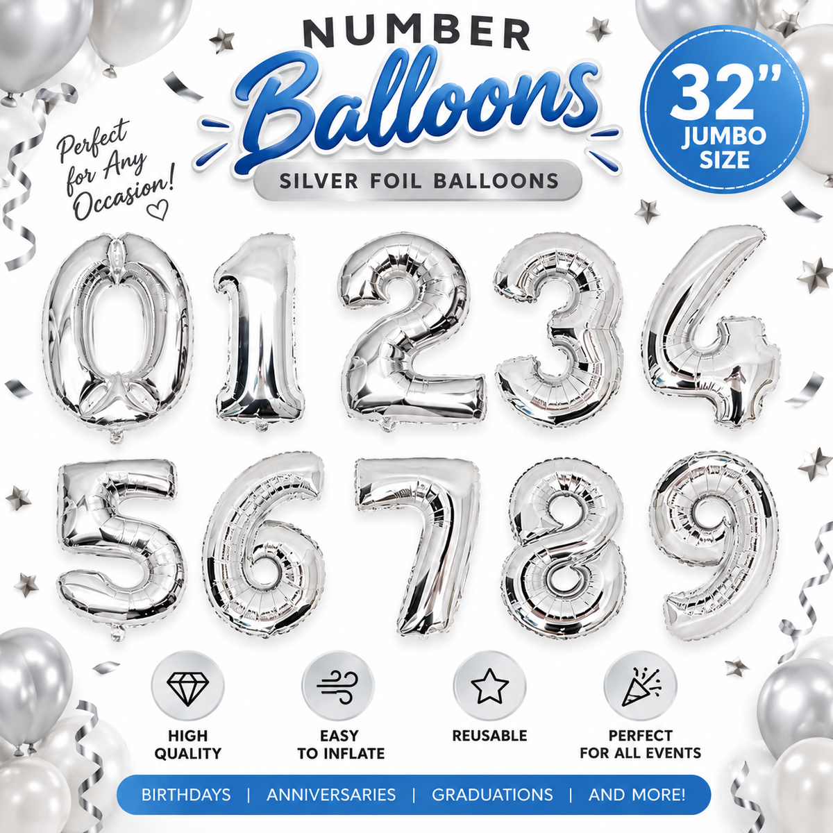 32 Inch Silver Number Foil Balloon – Numbers 0-9