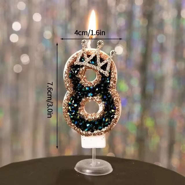 Vela de Cumpleaños con Número 0–9 y Corona – Glitter Negro y Oro Rosa