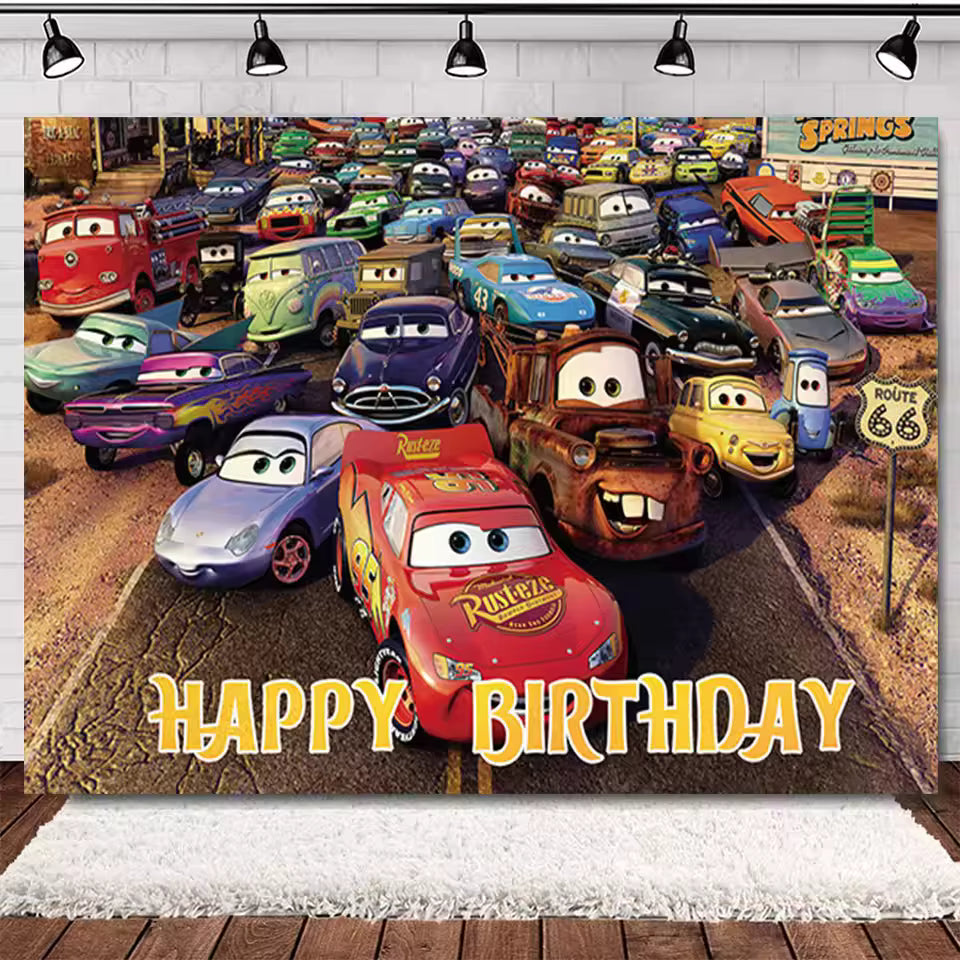 Rayo McQueen Racing Cars Birthday Banner Backdrop – 5 ft x 3 ft Boys Birthday Party Decoration Photography Background