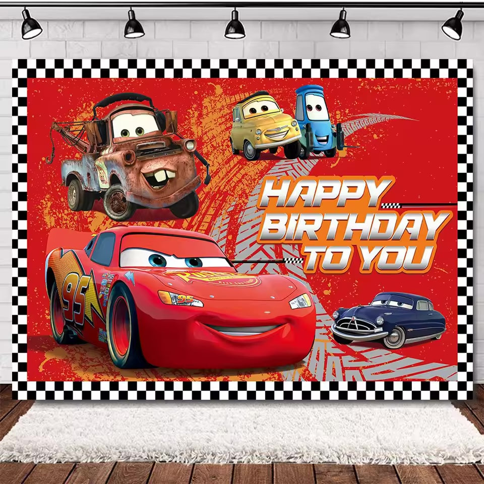 Rayo McQueen Racing Cars Birthday Banner Backdrop – 5 ft x 3 ft Boys Birthday Party Decoration Photography Background