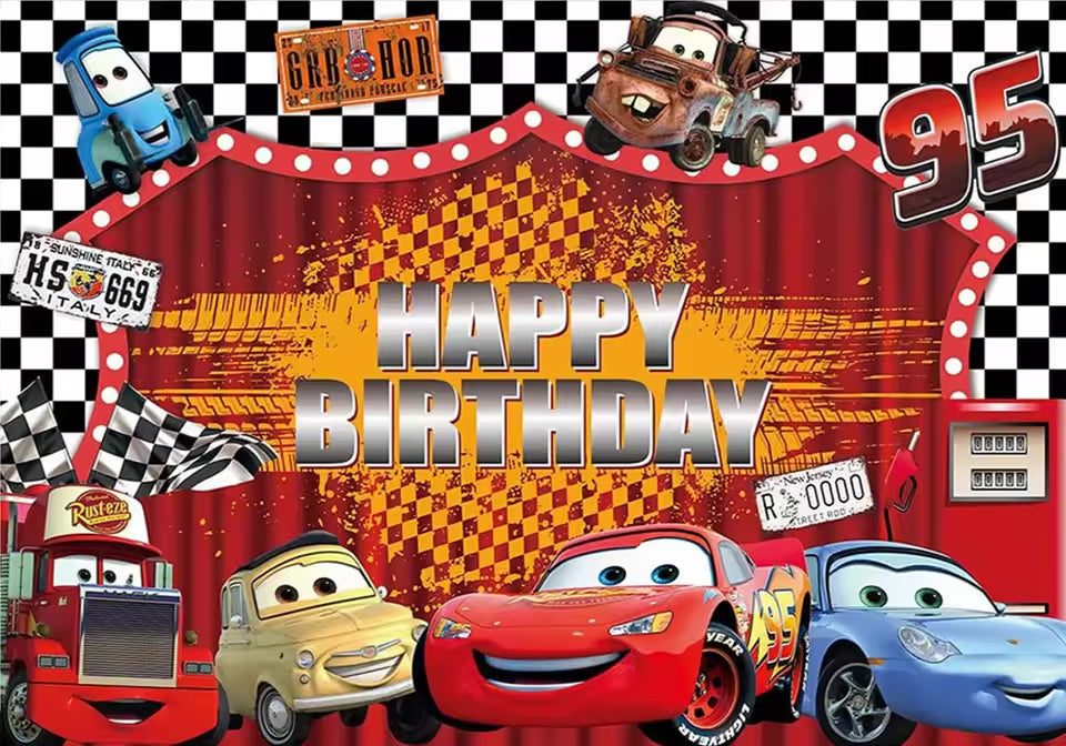 Rayo McQueen Racing Cars Birthday Banner Backdrop – 5 ft x 3 ft Boys Birthday Party Decoration Photography Background