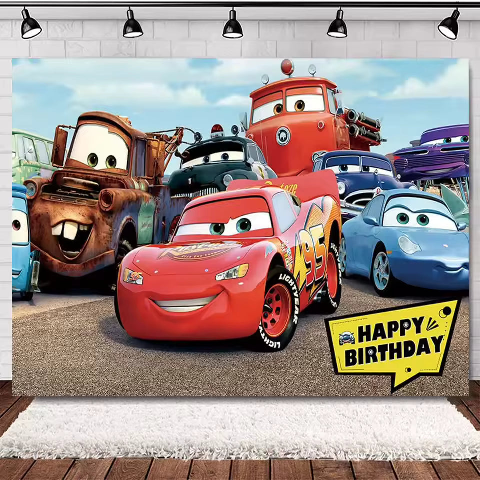Rayo McQueen Racing Cars Birthday Banner Backdrop – 5 ft x 3 ft Boys Birthday Party Decoration Photography Background