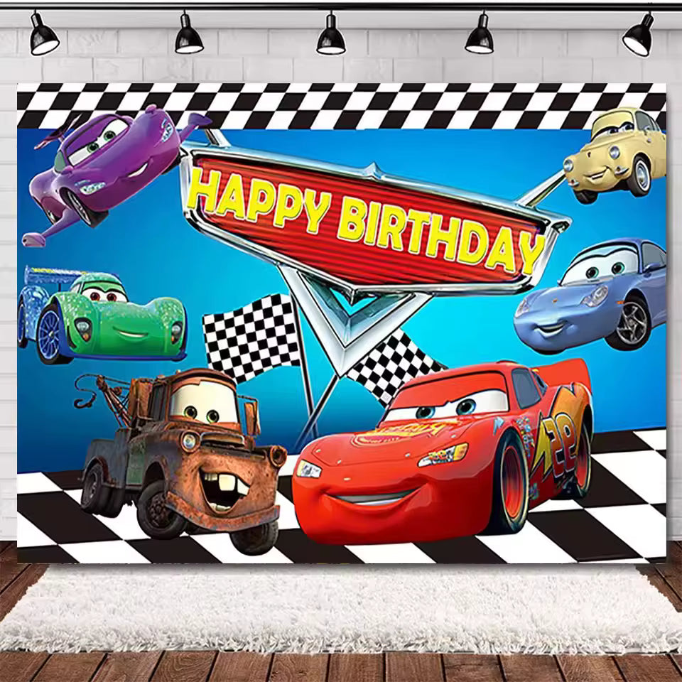 Rayo McQueen Racing Cars Birthday Banner Backdrop – 5 ft x 3 ft Boys Birthday Party Decoration Photography Background