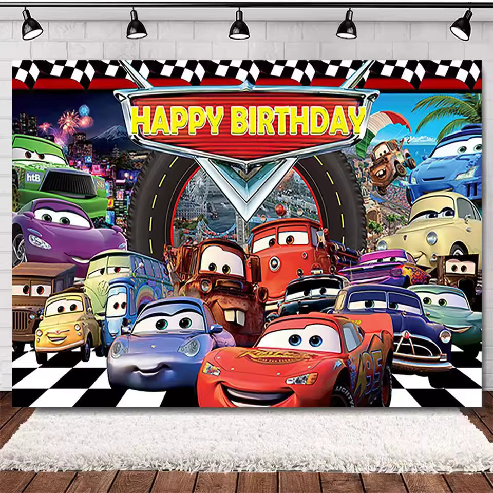 Rayo McQueen Racing Cars Birthday Banner Backdrop – 5 ft x 3 ft Boys Birthday Party Decoration Photography Background