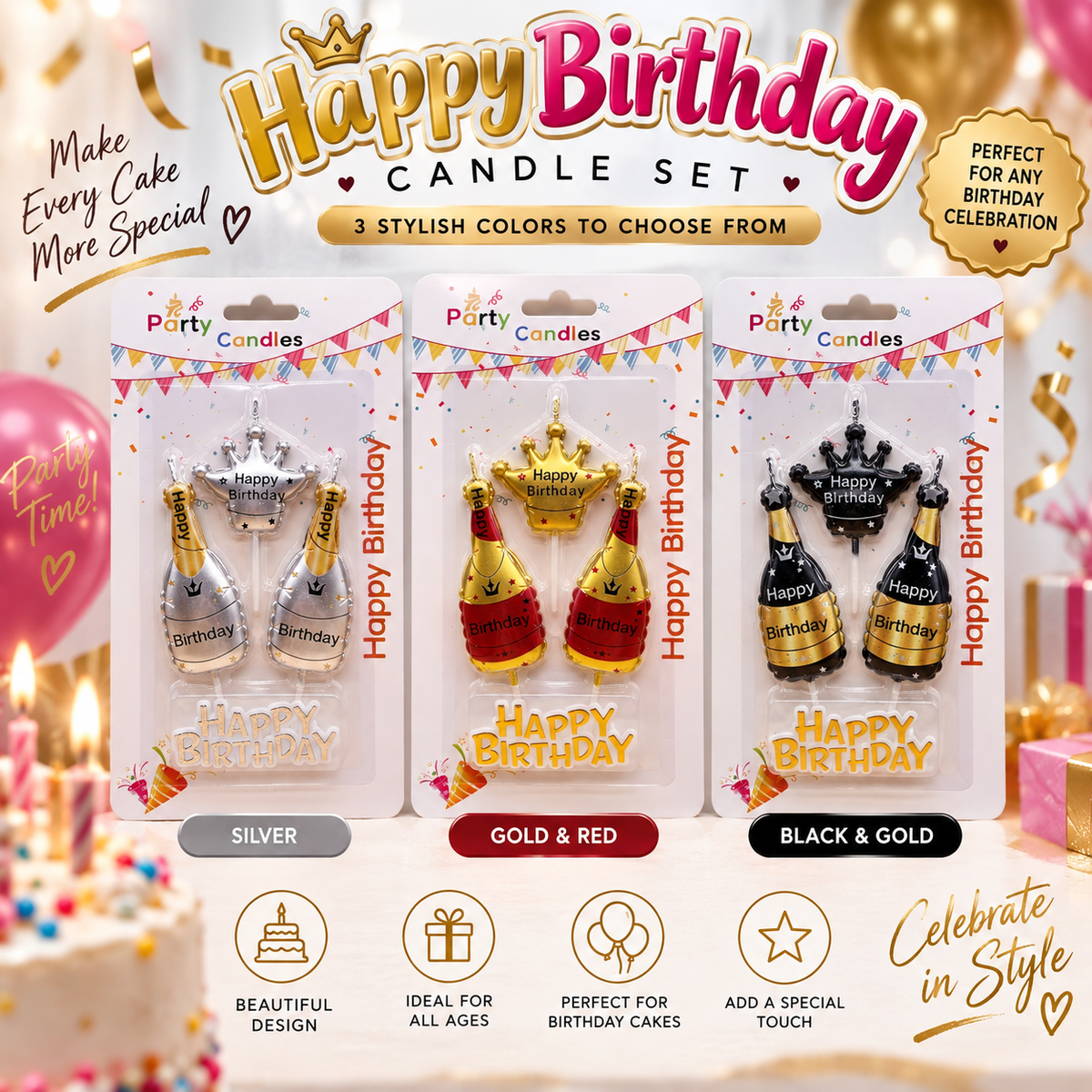 Happy Birthday Crown & Bottle Candle Set – 3 Styles
