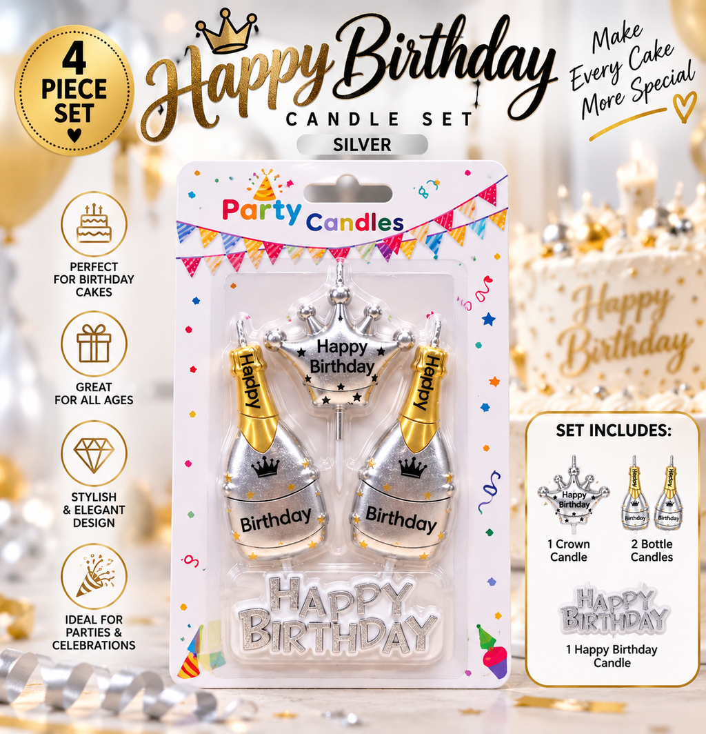 Happy Birthday Crown & Bottle Candle Set – 3 Styles