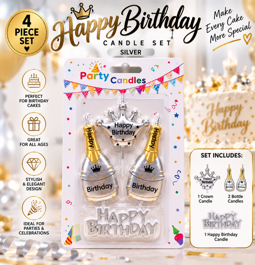 Happy Birthday Crown & Bottle Candle Set – 3 Styles