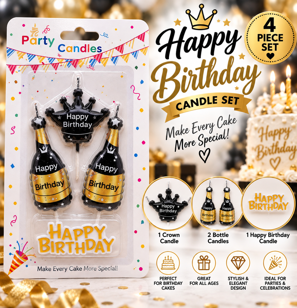 Happy Birthday Crown & Bottle Candle Set – 3 Styles