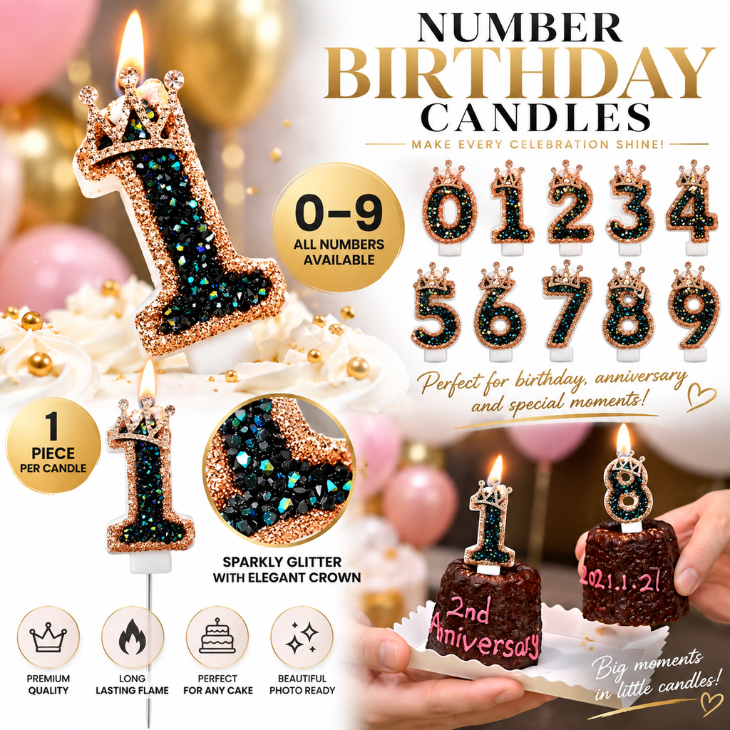 Vela de Cumpleaños con Número 0–9 y Corona – Glitter Negro y Oro Rosa