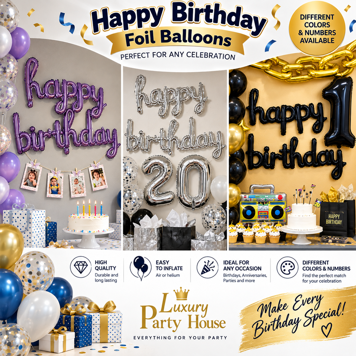 Globos Metálicos Happy Birthday – Foil Birthday Balloons para Decoración de Cumpleaños
