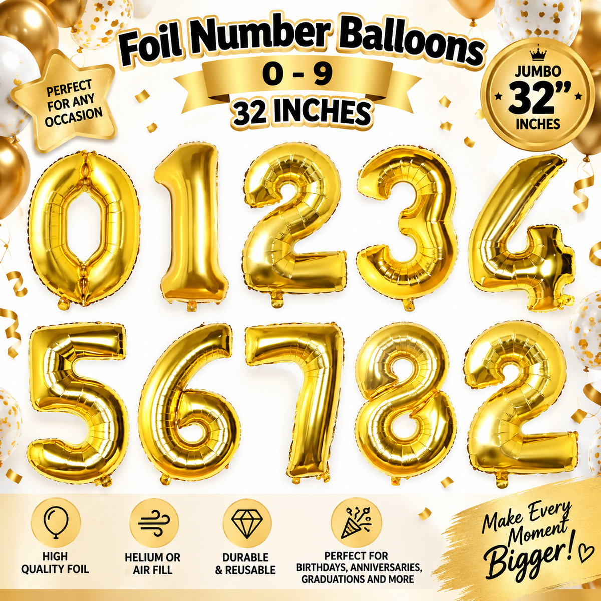 32 Inch Gold Foil Number Balloon – Numbers 0-9